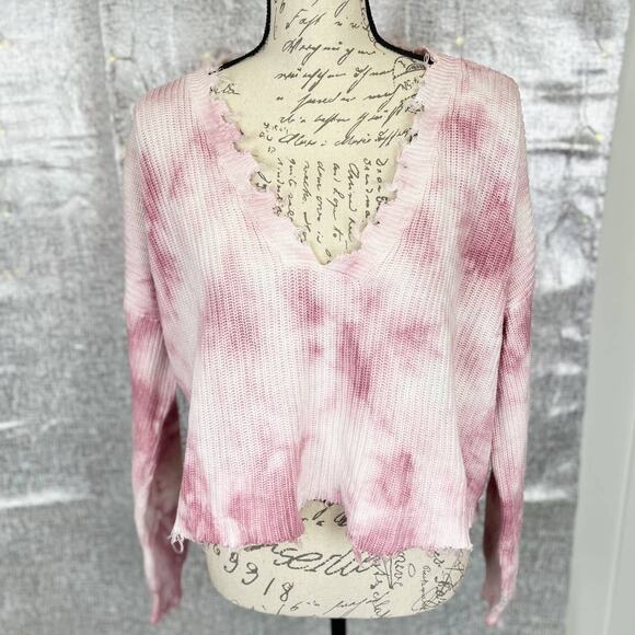 Fate Pink Tie Dye Distressed V-Neck Oversized Cropped Sweater Top Size Medium - Picture 2 of 8
